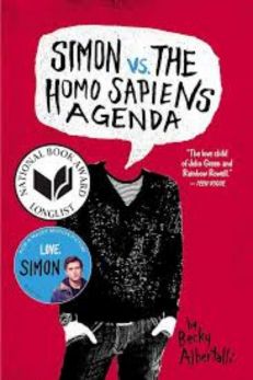 "Cover of the book 'Simon vs. the Homo Sapiens Agenda' by Becky Albertalli, featuring a red background with the silhouette of a person wearing a black sweater and jeans. The head is replaced by a white speech bubble containing the book title. A round sticker on the left highlights the book's National Book Award Longlist status, and another round sticker promotes the 'Love, Simon' movie adaptation."