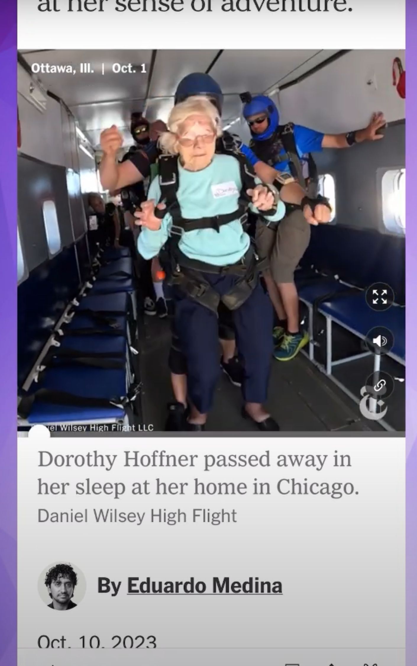 Dorothy Hoffner, a senior woman in skydiving gear, prepares to jump from a plane with the assistance of instructors, as part of a news article about her passing and adventurous spirit.