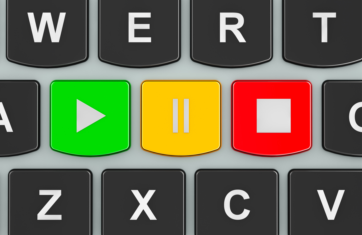 Media player buttons on a computer keyboard, 3D rendering isolated on white background