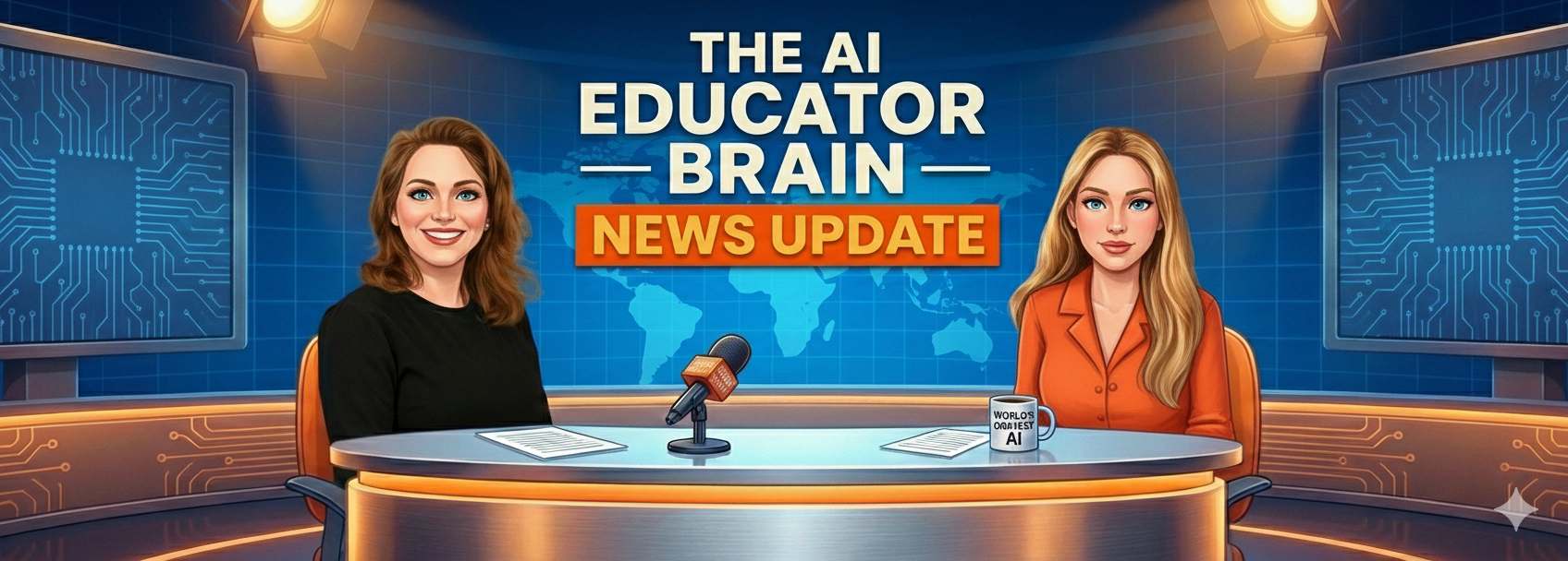 Illustrated image of Kelly Booz and Sari Beth Rosenberg seated at a news desk in a studio setting, with the title “The AI Educator Brain: News Update” displayed behind them.