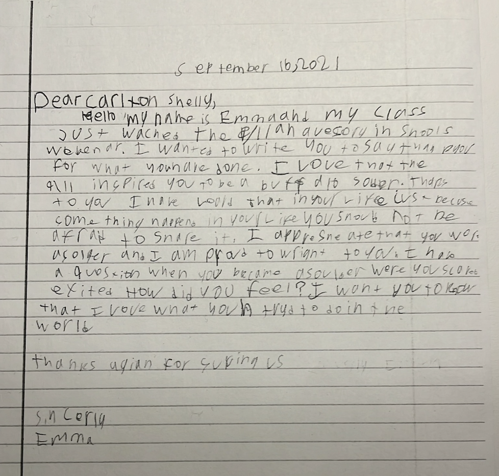 Student letter to Carlton Shelley