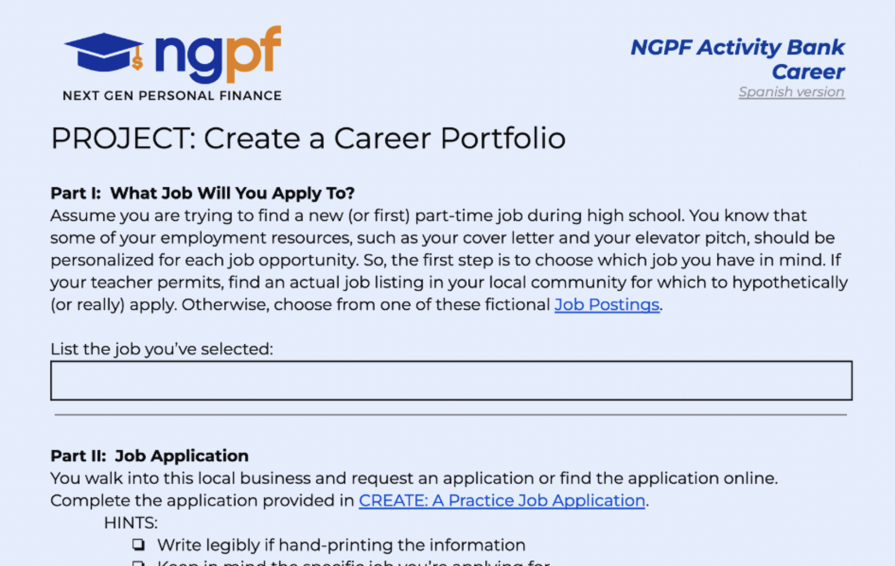 Career portfolio activity preview
