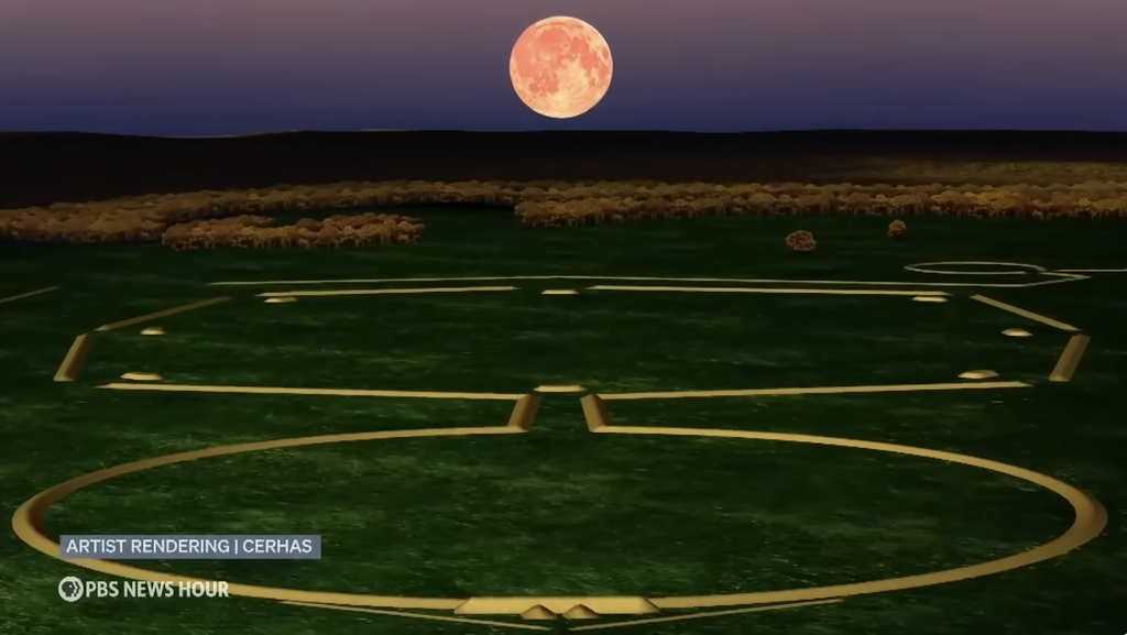 An artist’s nighttime rendering of the Octagon Earthworks in Ohio, showing the geometric earthwork shapes under a rising full moon to illustrate how the Hopewell people tracked lunar cycles.