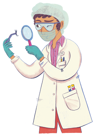 Scientist looks at item through magnifying glass