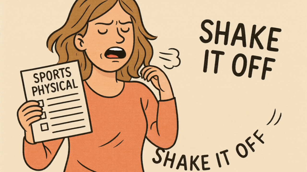 llustration of a frustrated mom holding a sports physical form, trying to ‘shake it off’ after discovering it’s the wrong form.