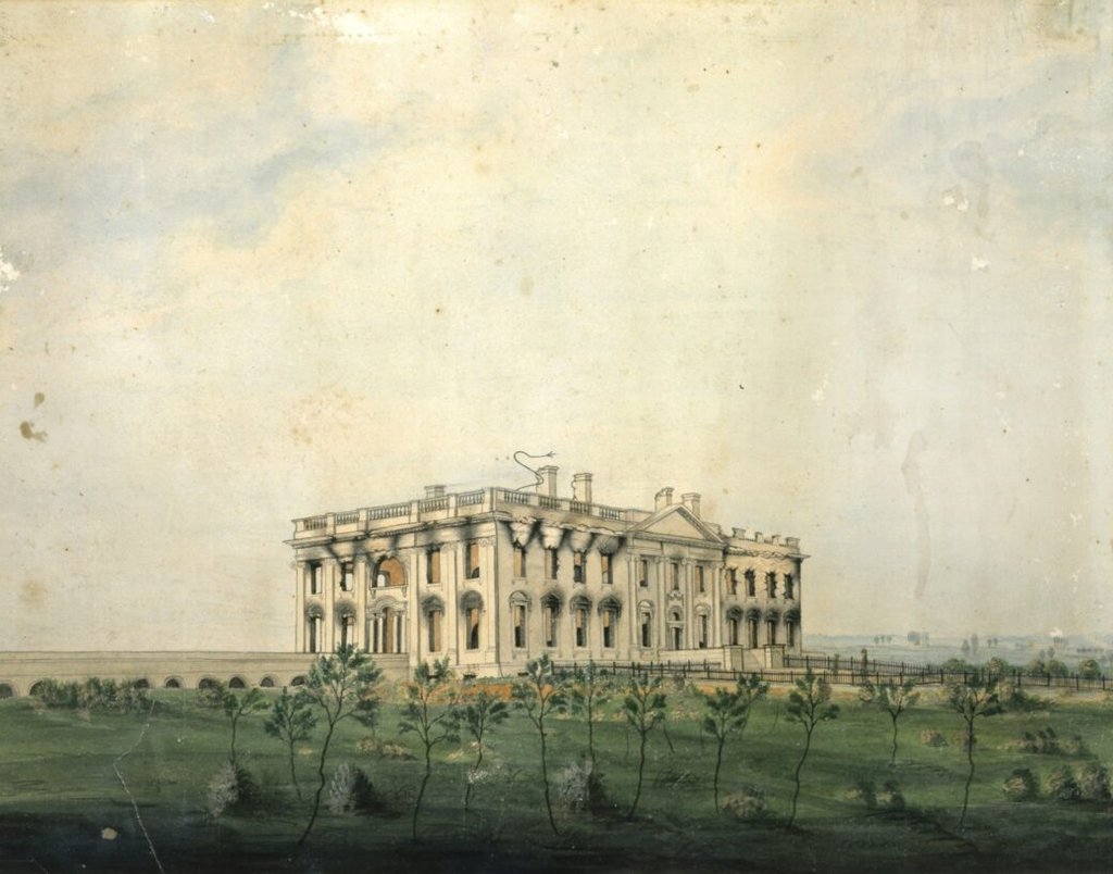 Watercolor painting of the White House in 1814, showing fire damage after British troops burned the building during the War of 1812.