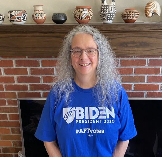 betty wearing a biden/aft campaign t shirt